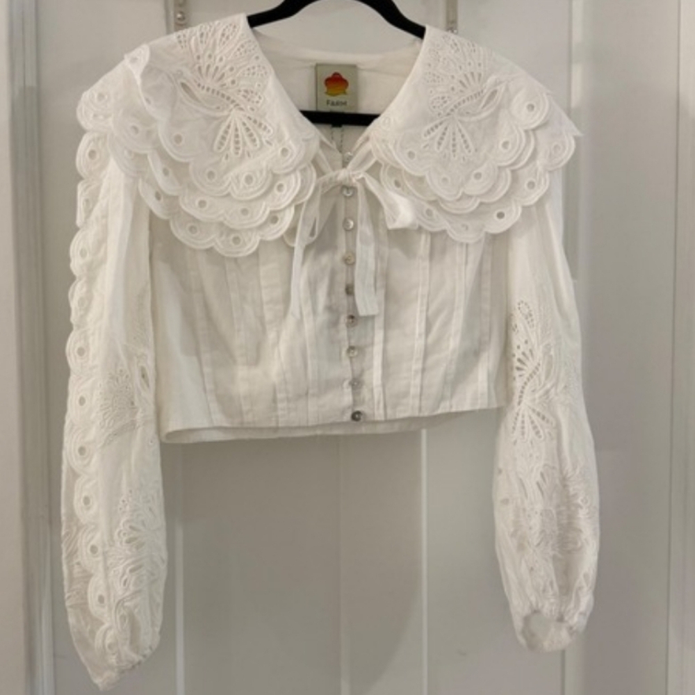 FARM RIO Richelieu Big Collar Off White Battenberg Lace Blouse M RARE SRP $240 - Picture 11 of 16